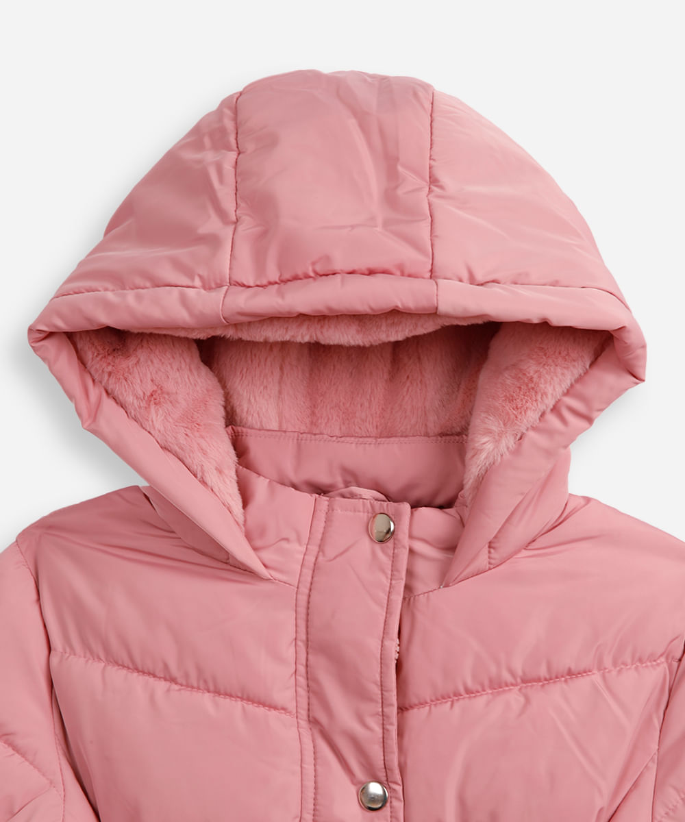 jaqueta puffer infantil alongada com faixa rosa