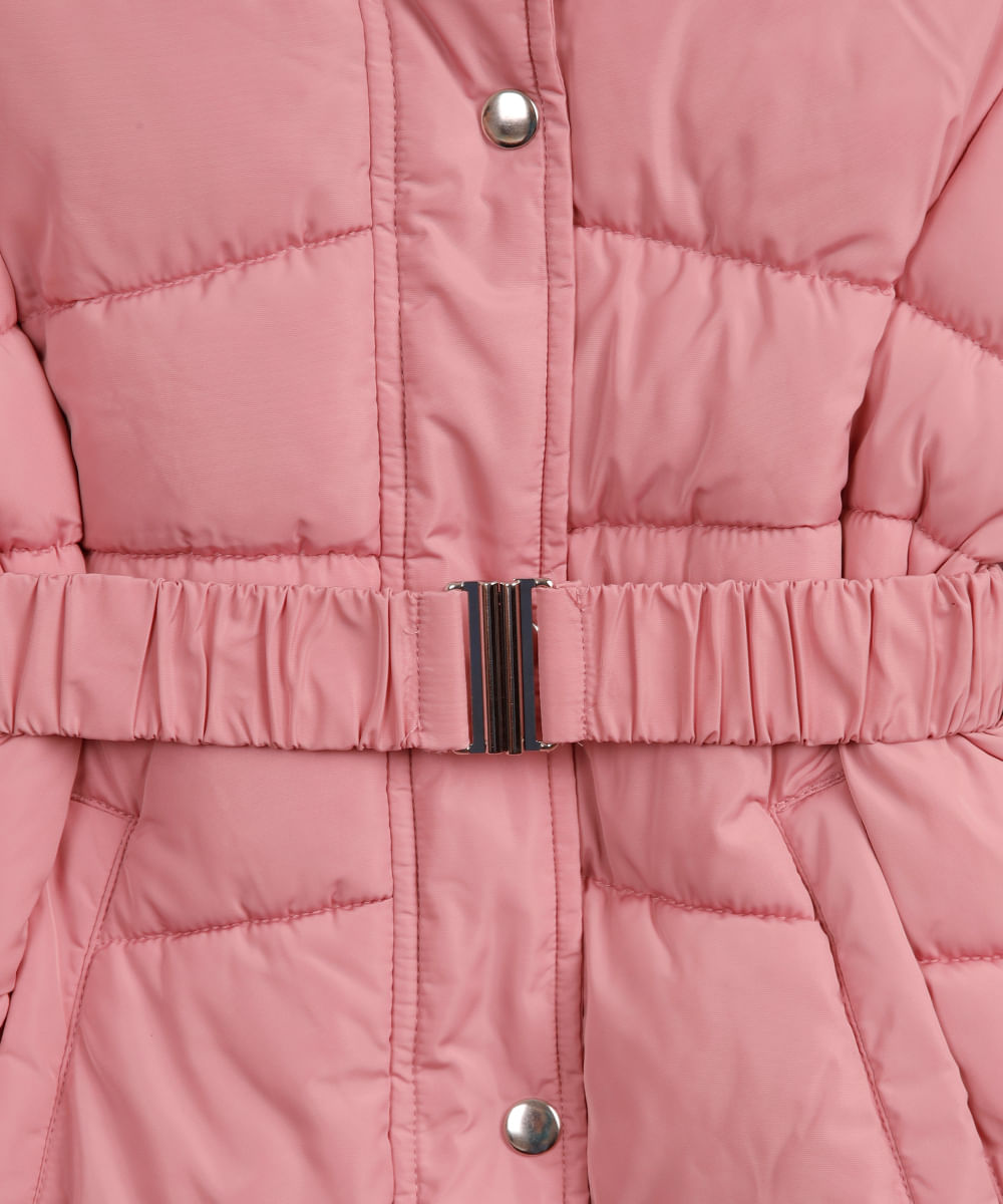jaqueta puffer infantil alongada com faixa rosa