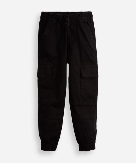 calça jogger infantil de sarja com bolsos cargo preta