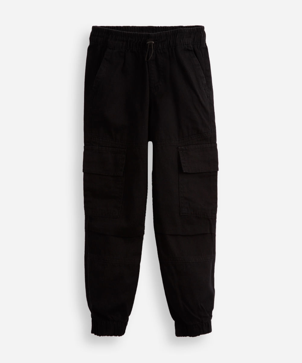 calça jogger infantil de sarja com bolsos cargo preta