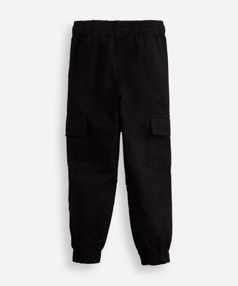 calça jogger infantil de sarja com bolsos cargo preta