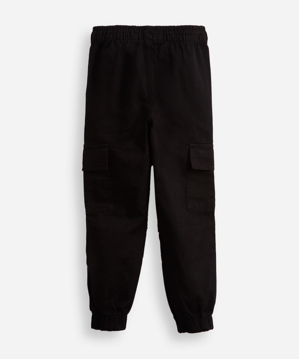 calça jogger infantil de sarja com bolsos cargo preta