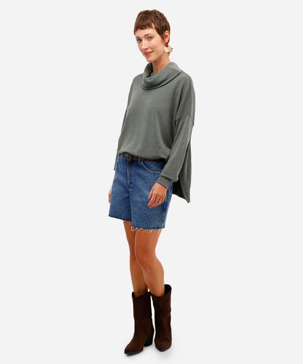blusa oversized feminina de malha gola alta verde
