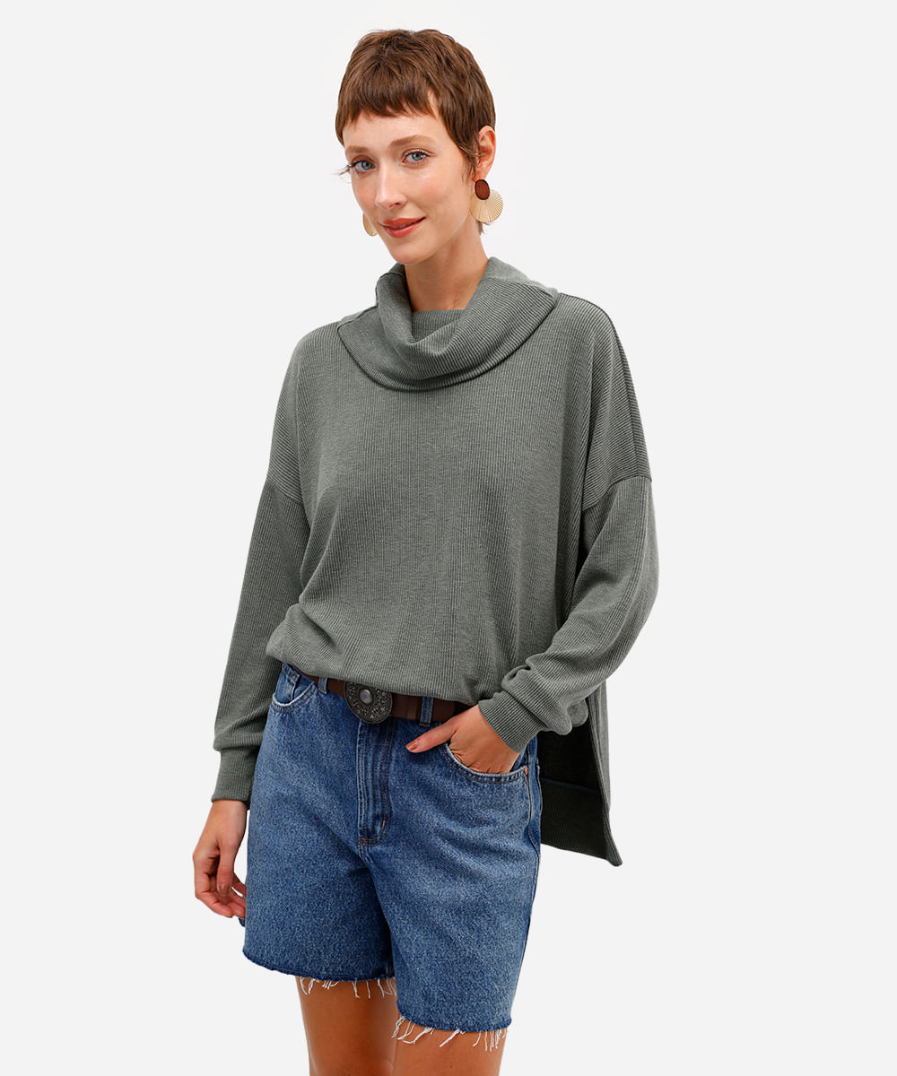 blusa oversized feminina de malha gola alta verde