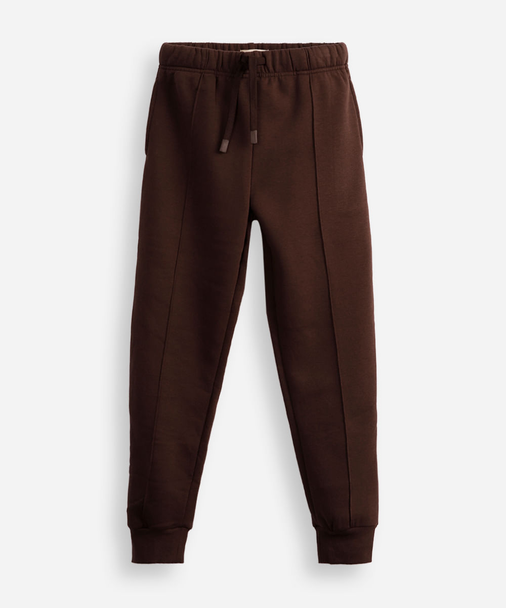 calça jogger juvenil de moletom com nervura marrom