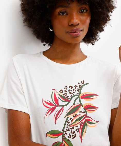 camiseta feminina de algodão floral off white