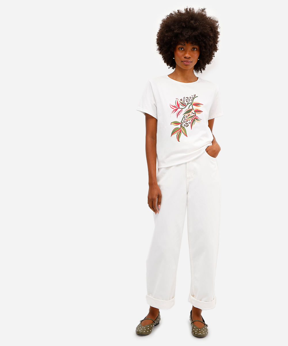 camiseta feminina de algodão floral off white