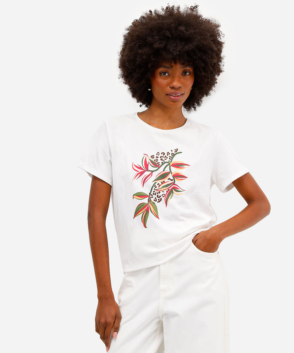 camiseta feminina de algodão floral off white