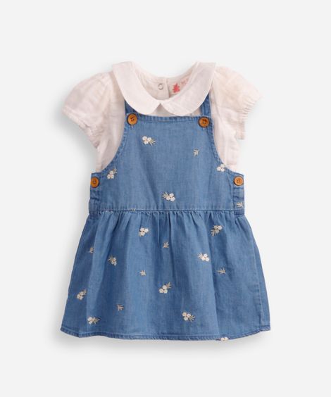salopete jeans infantil com body floral azul