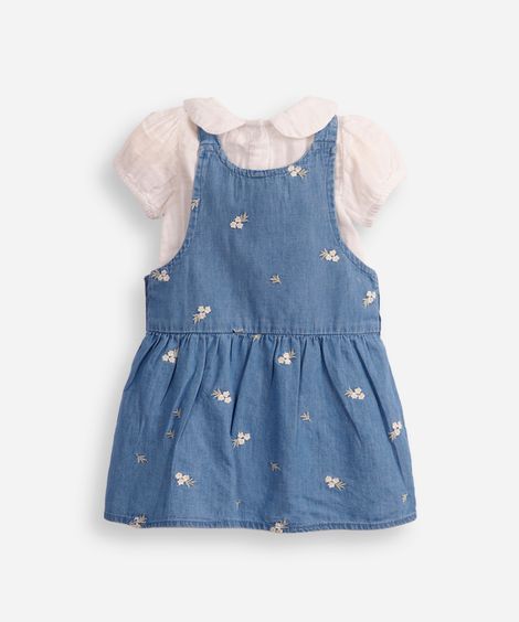 salopete jeans infantil com body floral azul