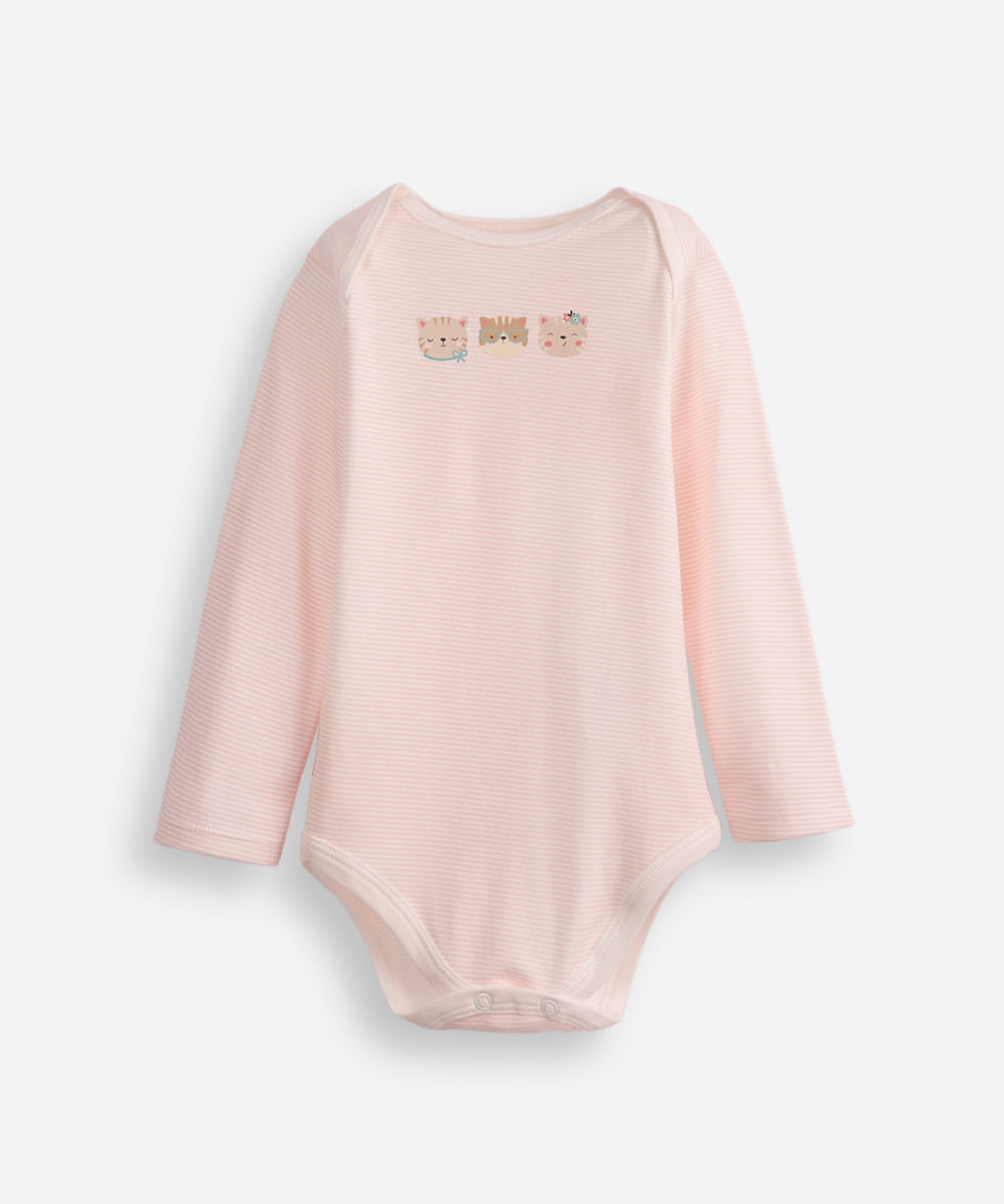 body infantil de algodão gatinhos listrado rosa