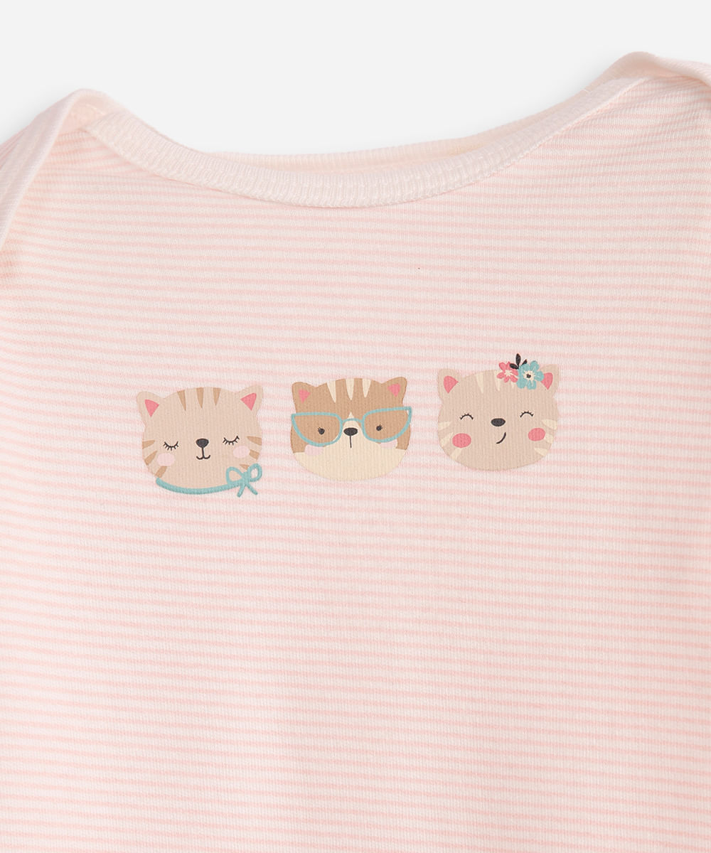 body infantil de algodão gatinhos listrado rosa