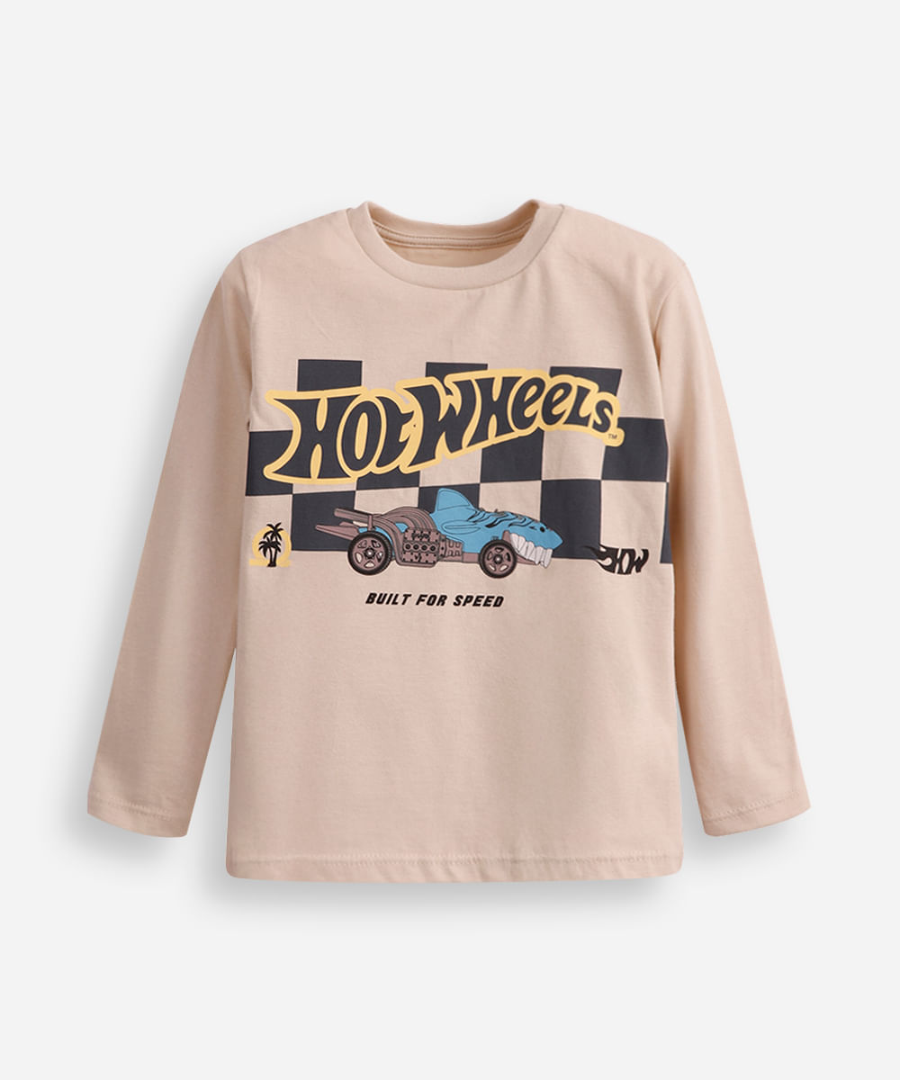 blusa de algodão infantil manga longa hot wheels bege