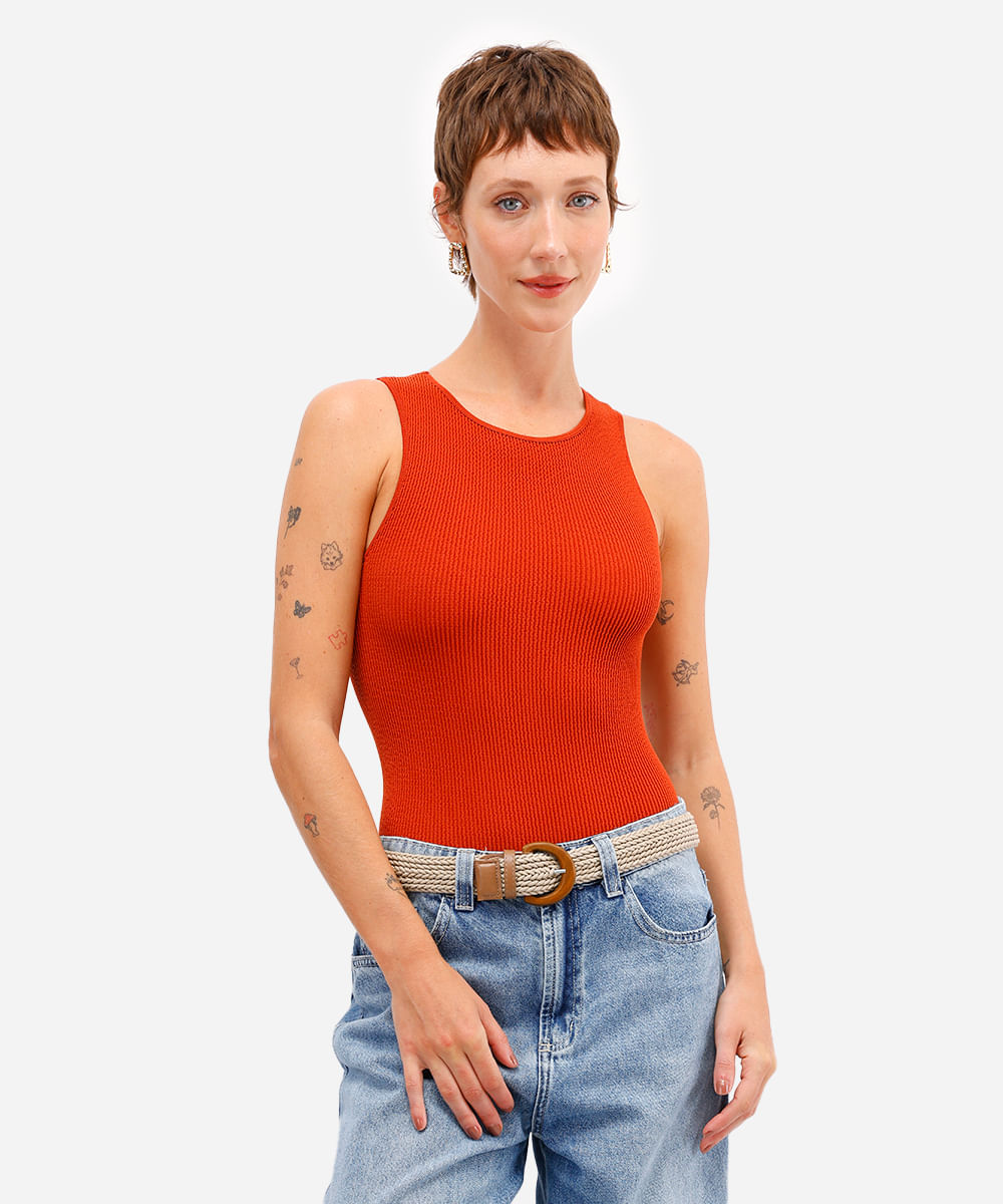 body cavado feminino de poliamida texturizado laranja