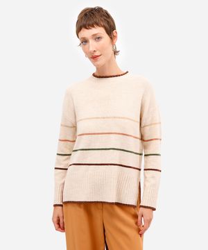 suéter feminino de tricot listrado com fendas bege