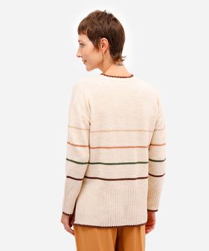 suéter feminino de tricot listrado com fendas bege