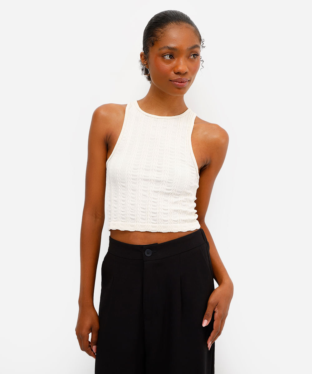 regata feminina de poliamida texturizada off white