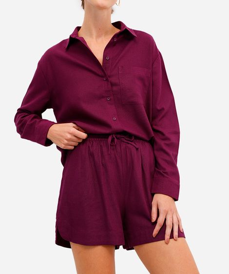 short feminino com linho cós elástico com fendas roxo
