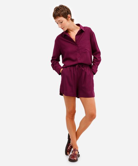 short feminino com linho cós elástico com fendas roxo