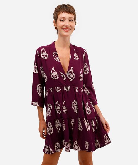 vestido curto feminino de viscose paisley roxo