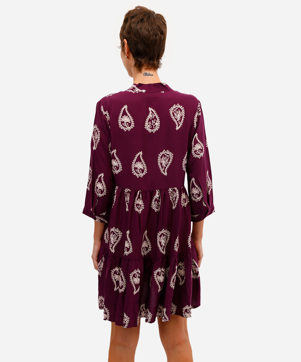 vestido curto feminino de viscose paisley roxo
