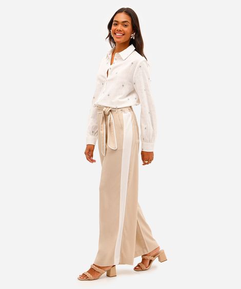 calça pantalona feminina com linho e faixa bege