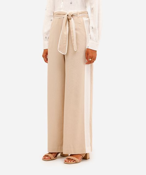 calça pantalona feminina com linho e faixa bege