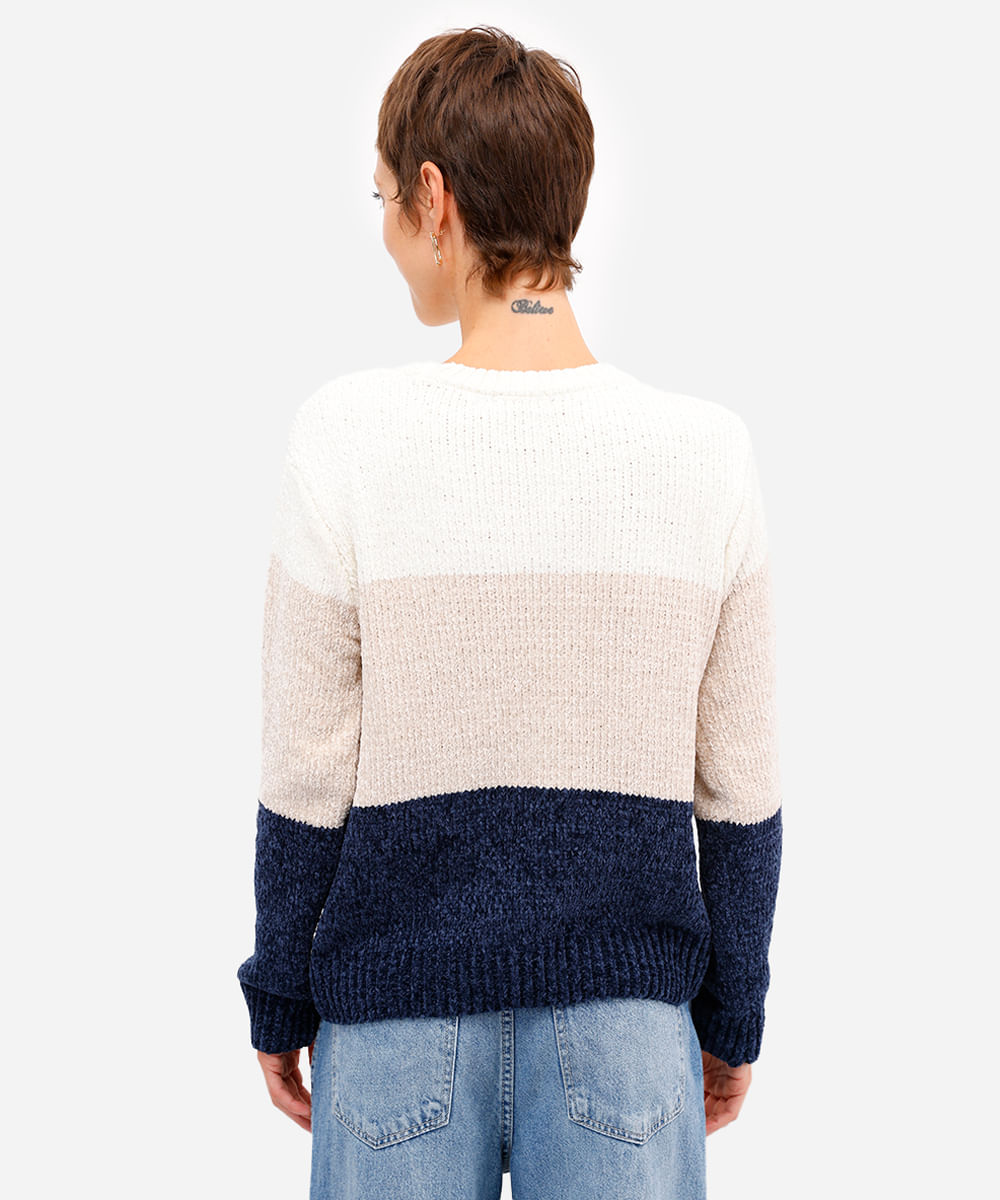 suéter feminino de tricot chenille listrado azul