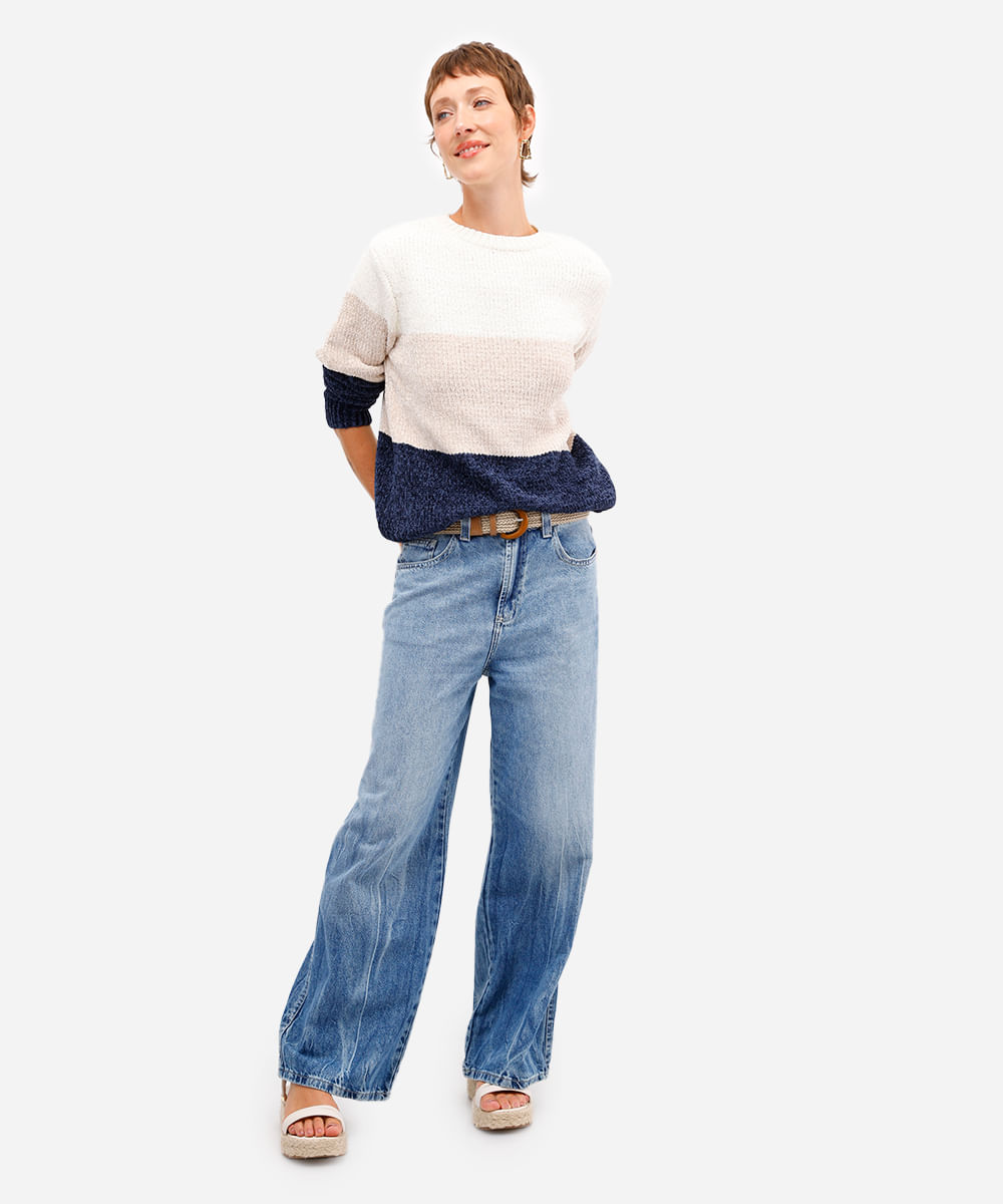 suéter feminino de tricot chenille listrado azul