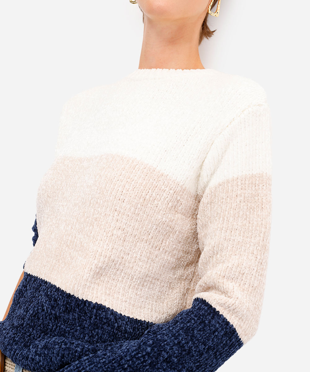 suéter feminino de tricot chenille listrado azul