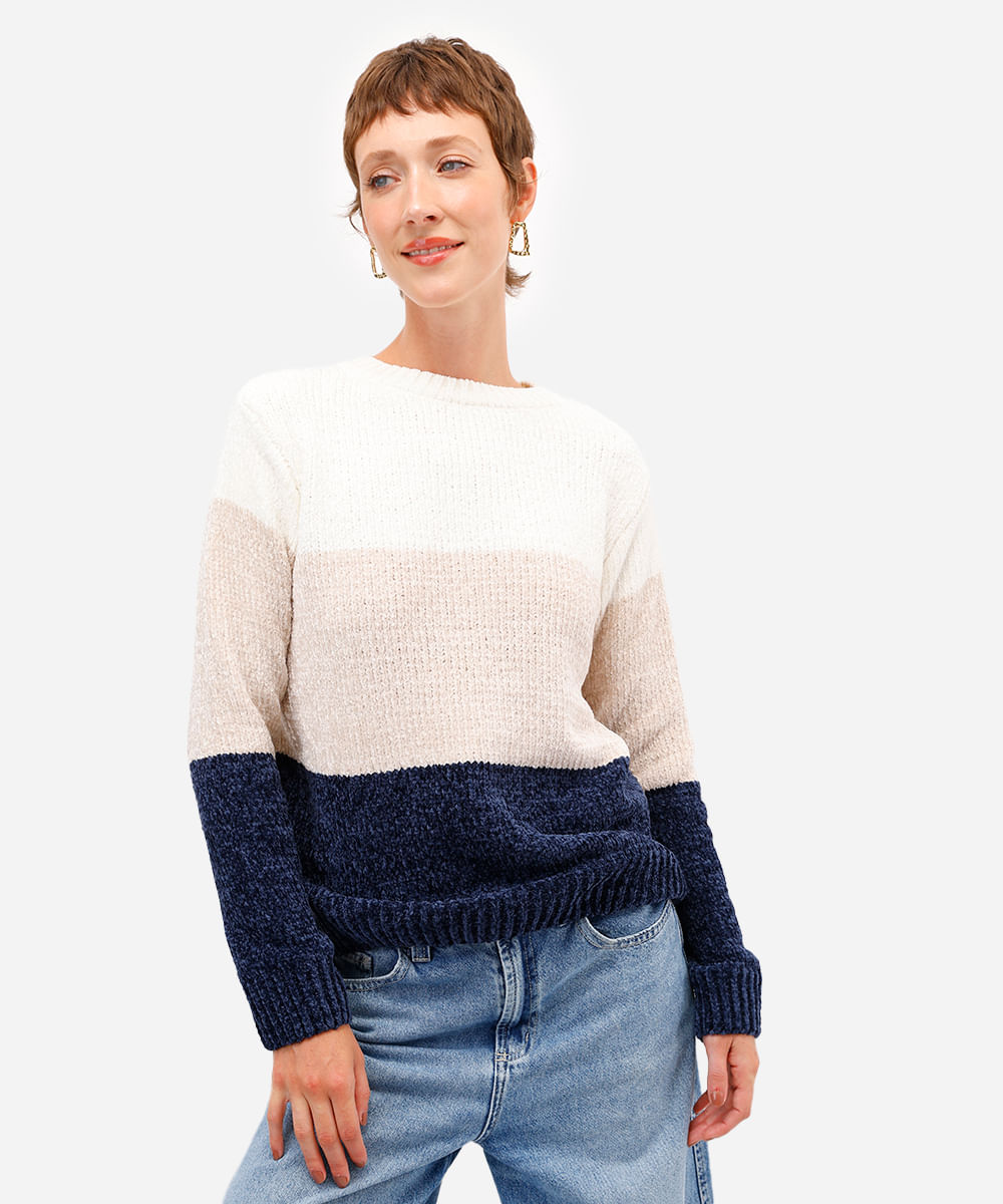 suéter feminino de tricot chenille listrado azul