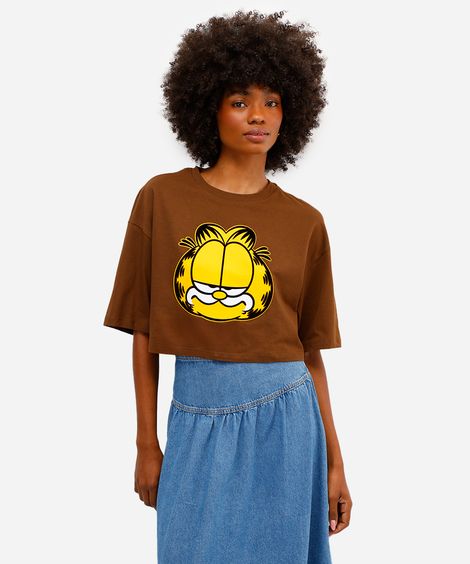 cropped feminino de algodão garfield texturizado marrom