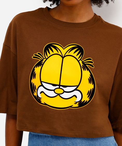 cropped feminino de algodão garfield texturizado marrom