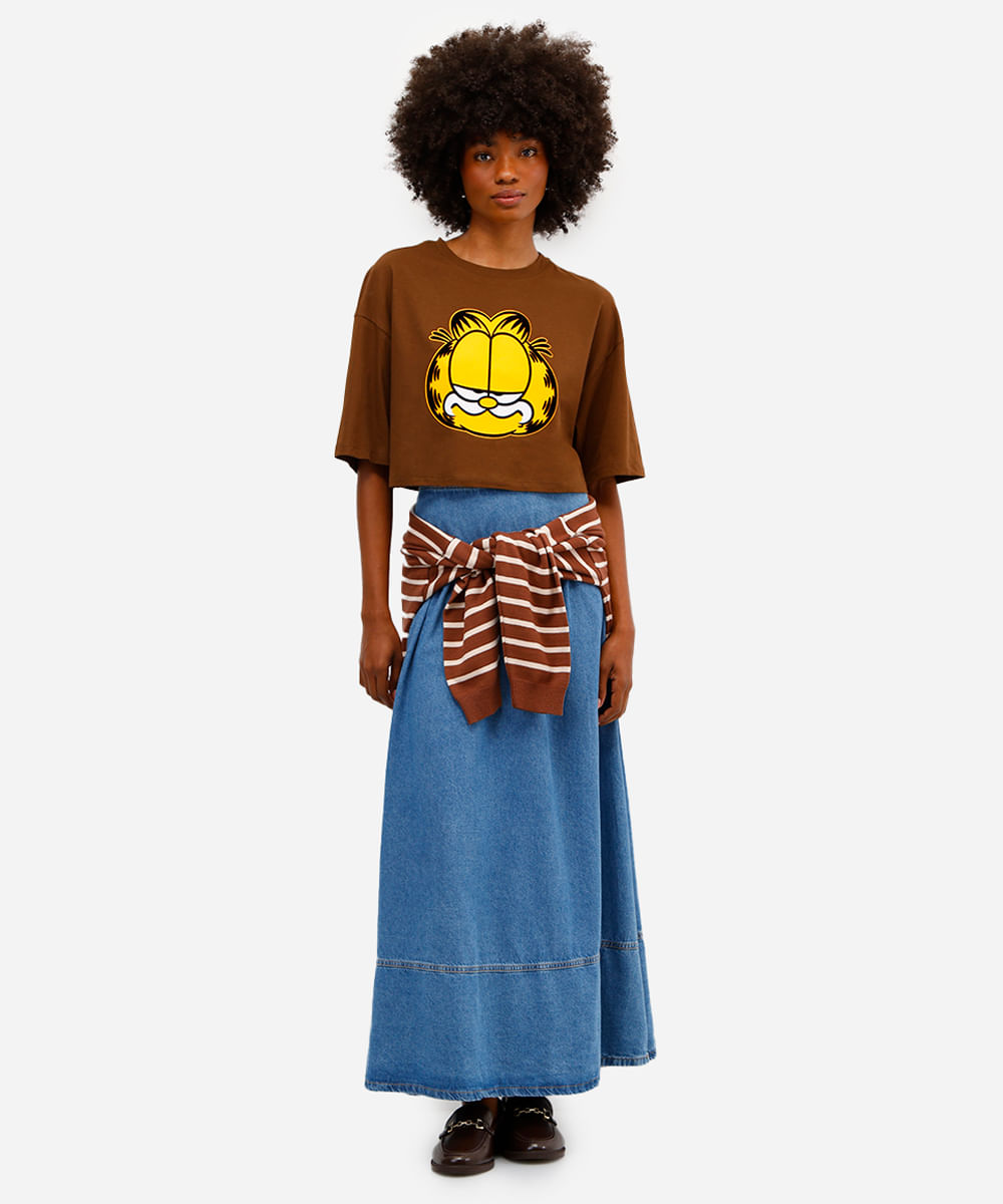 cropped feminino de algodão garfield texturizado marrom