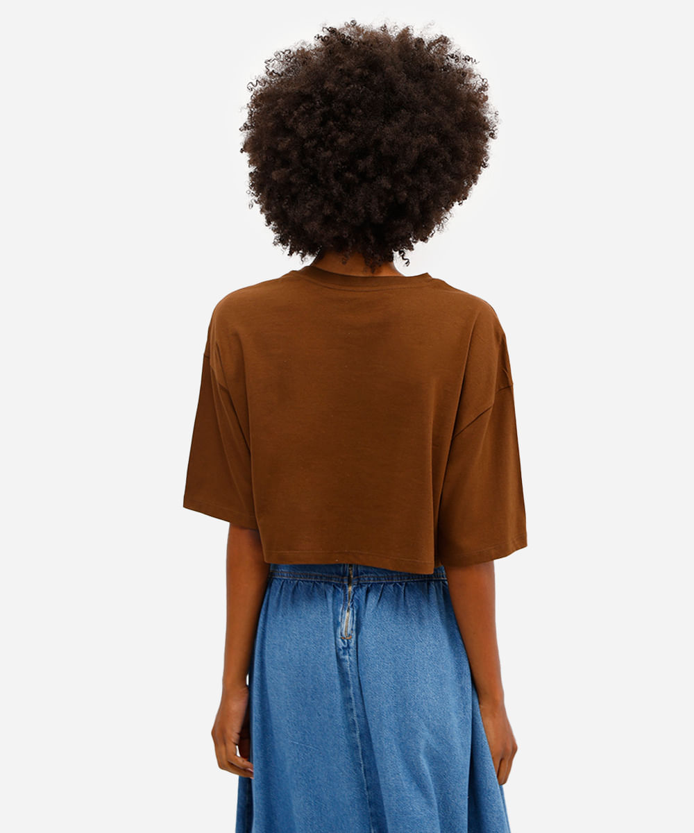 cropped feminino de algodão garfield texturizado marrom