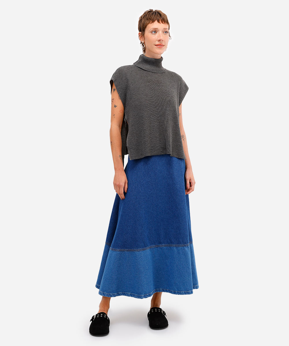 saia midi evasê feminina jeans com recorte azul