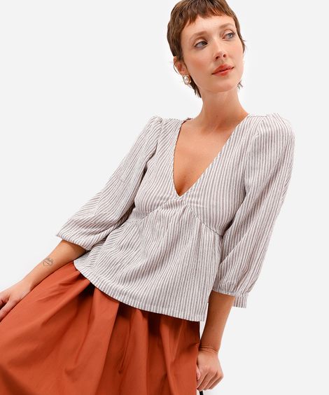 bata feminina manga bufante texturizada listrada marrom