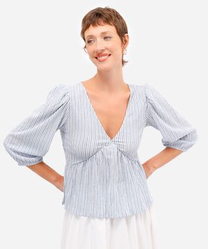 bata feminina manga bufante texturizada listrada azul