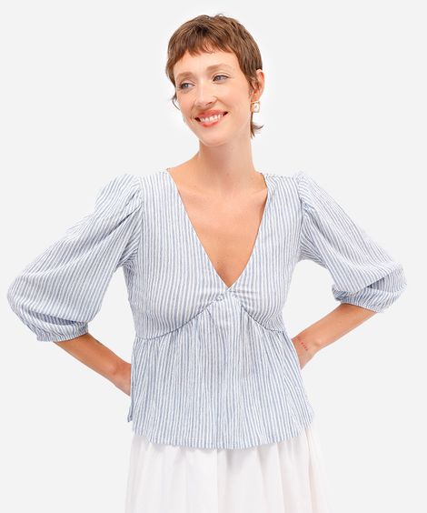 bata feminina manga bufante texturizada listrada azul