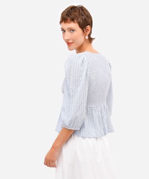 bata feminina manga bufante texturizada listrada azul