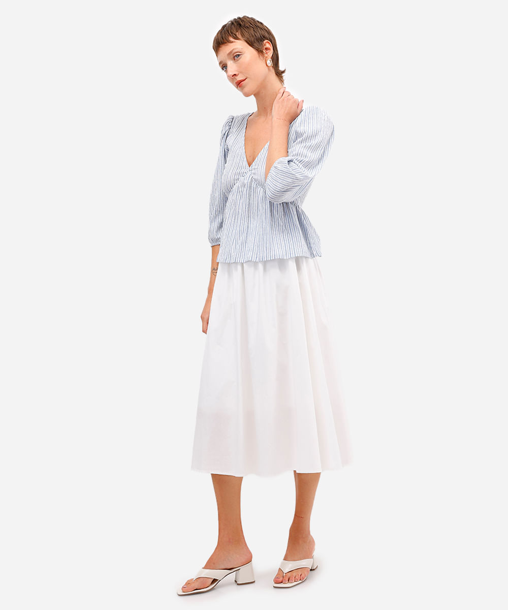 bata feminina manga bufante texturizada listrada azul