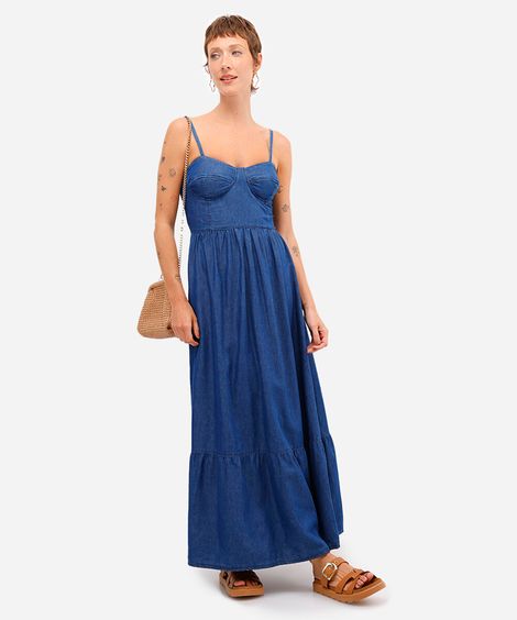 vestido longo feminino jeans com recorte azul