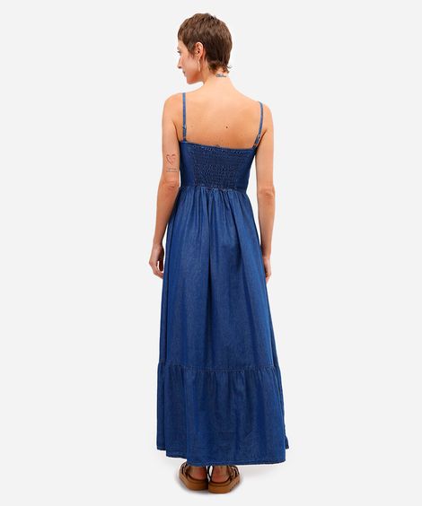 vestido longo feminino jeans com recorte azul