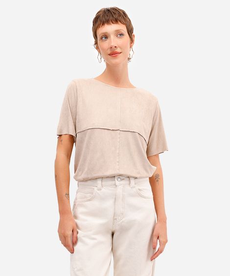 blusa em suede manga curta com recortes marrom - cinza claro