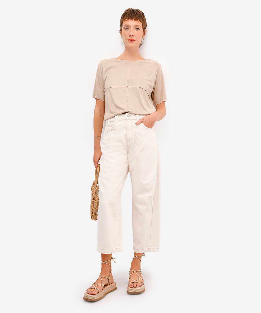 blusa em suede manga curta com recortes marrom - cinza claro