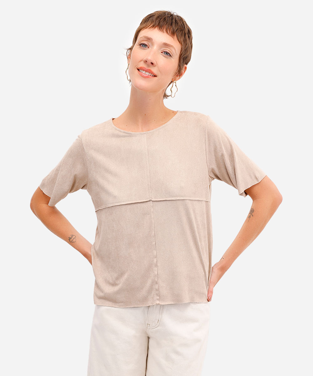 blusa em suede manga curta com recortes marrom - cinza claro