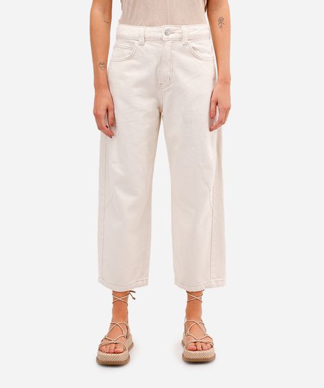 calça barrel feminina de sarja cintura alta bege