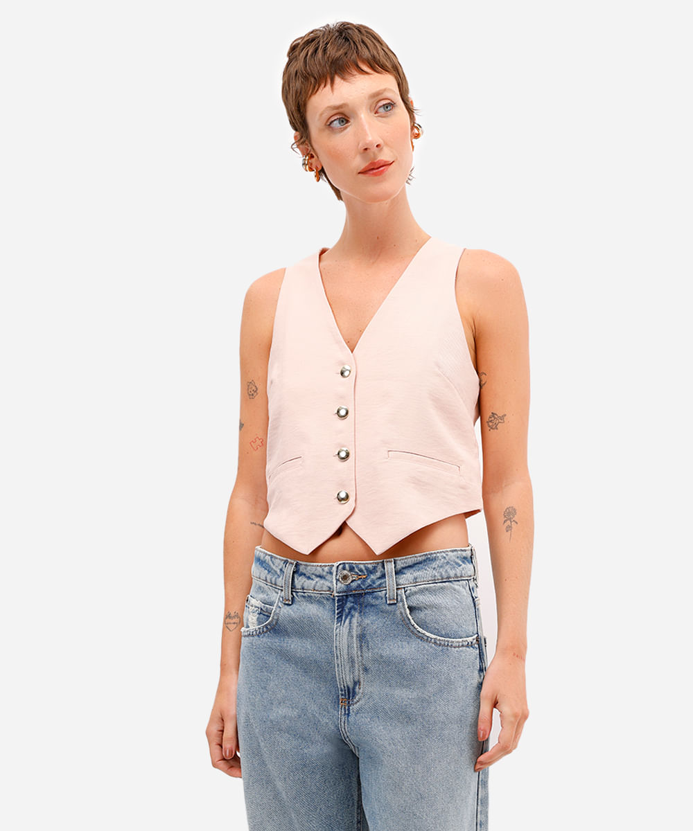 colete feminino de alfaiataria em viscose rosa
