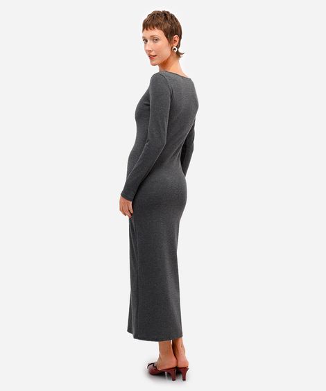 vestido midi feminino manga longa texturizado cinza