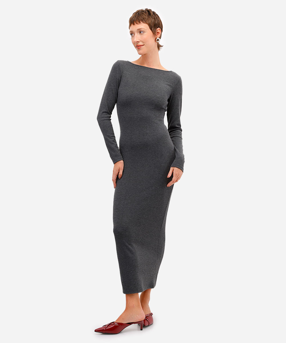 vestido midi feminino manga longa texturizado cinza